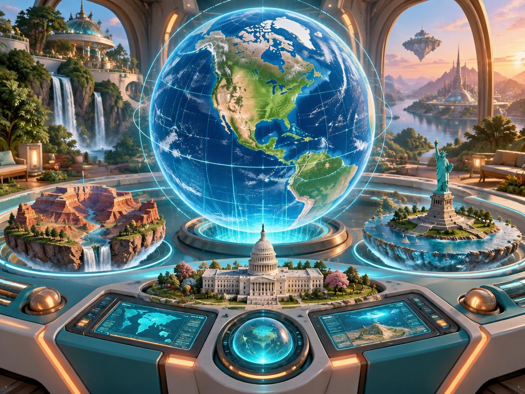 A holographic Earth showing America, with miniature landmarks