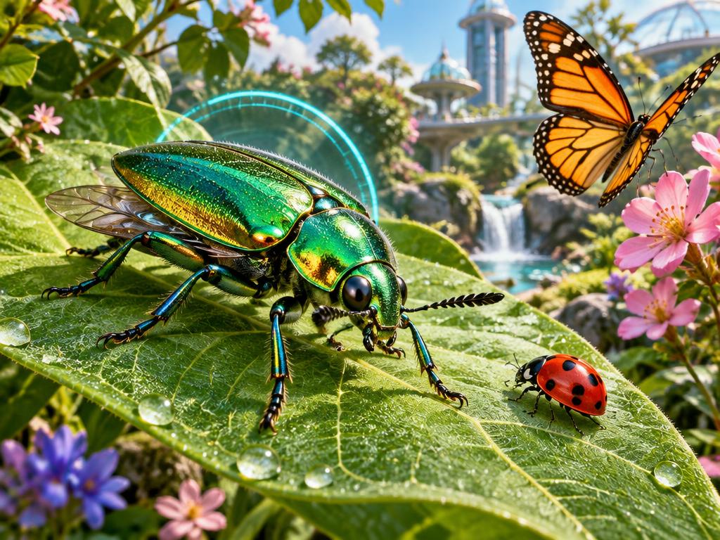 A jewel beetle, ladybird and butterfly in a sci-fi garden
