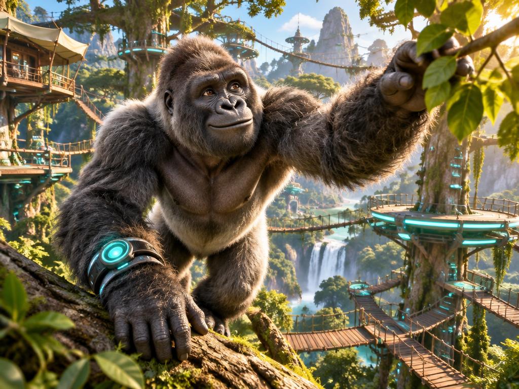 A friendly gorilla scout at a detailed tree-top course