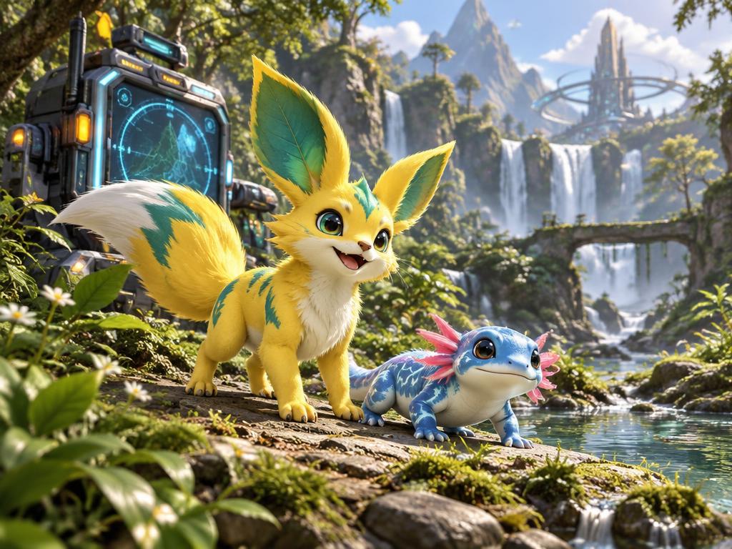 Original leaf-eared and aquatic pocket companions in a futuristic forest