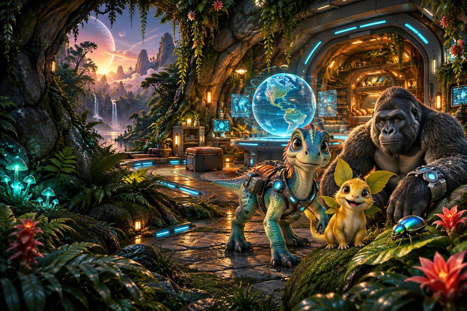 A futuristic Home Cave command base with a dinosaur, original pocket companion, gorilla scout, jewel beetle and Earth hologram